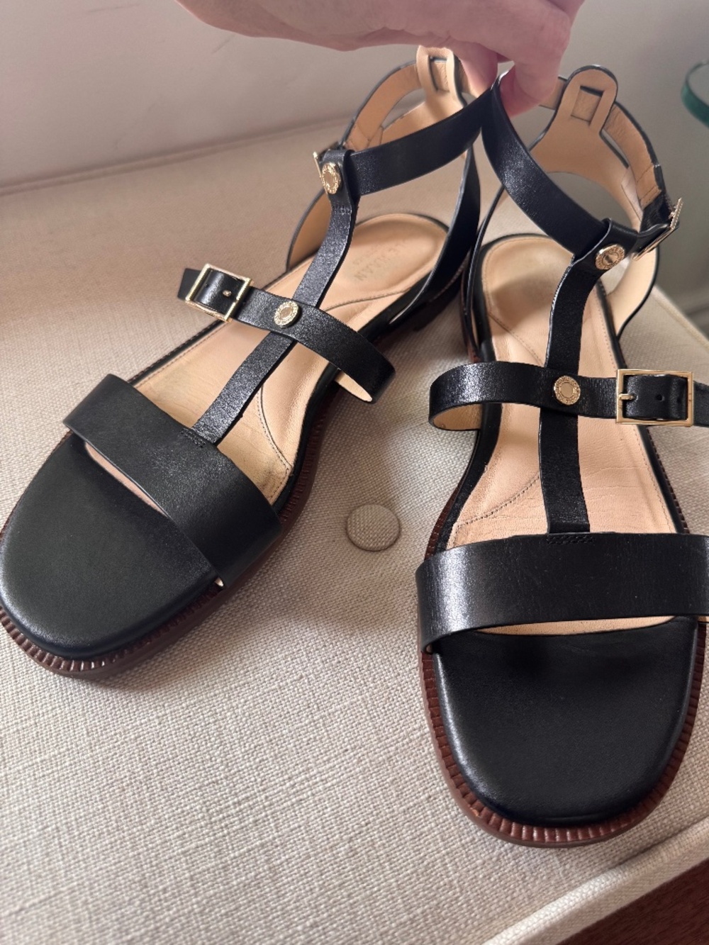 Cole Haan Black Leather T-Strap Flat Sandals | Gold Hardware | Size 8.5